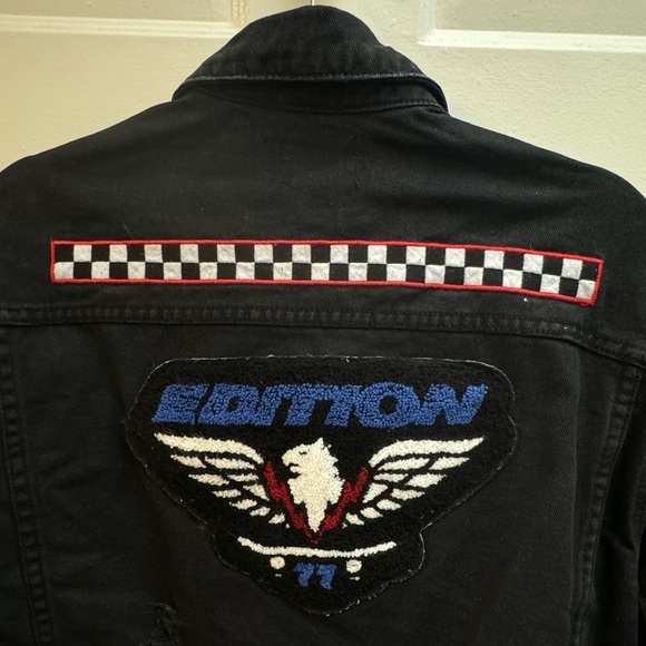 Distressed Denim Patchwork Jean Jacket Small Unisex Streetwear VTG Retro Black - Picture 15 of 16